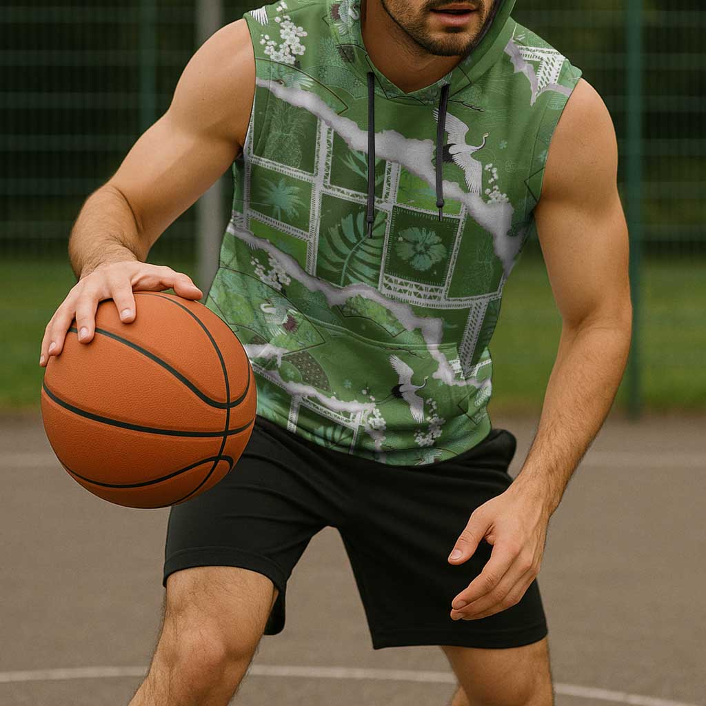 Hawaii Japanese Culture Sage Green Sleeveless Hoodie Spring Cranes Aloha Pattern LT01 - Polynesian Pride