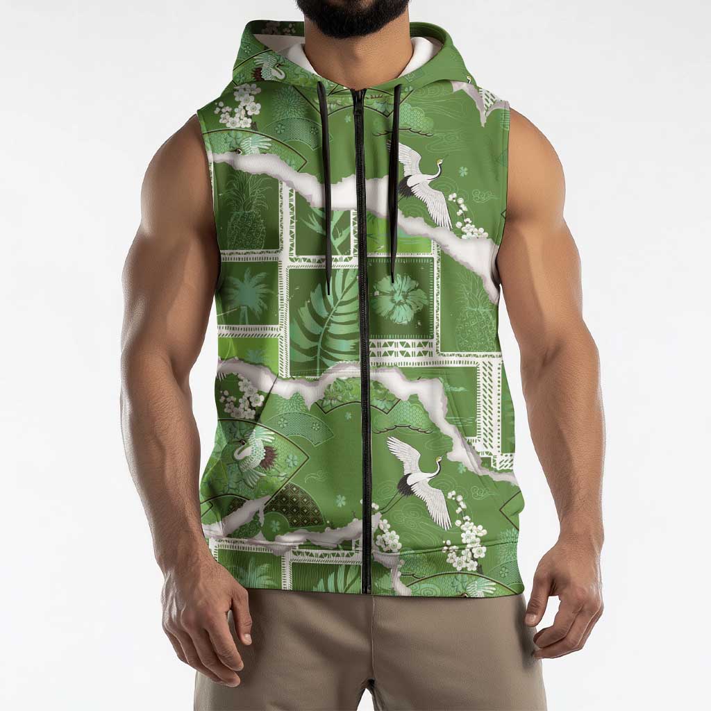 Hawaii Japanese Culture Sage Green Sleeveless Zip Hoodie Spring Cranes Aloha Pattern