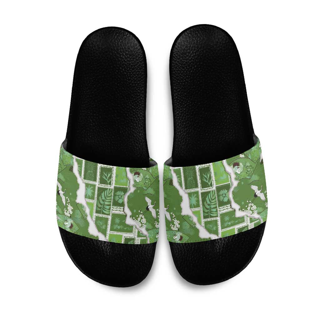 Hawaii Japanese Culture Sage Green Slide Sandals Spring Cranes Aloha Pattern