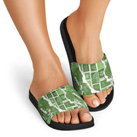 Hawaii Japanese Culture Sage Green Slide Sandals Spring Cranes Aloha Pattern