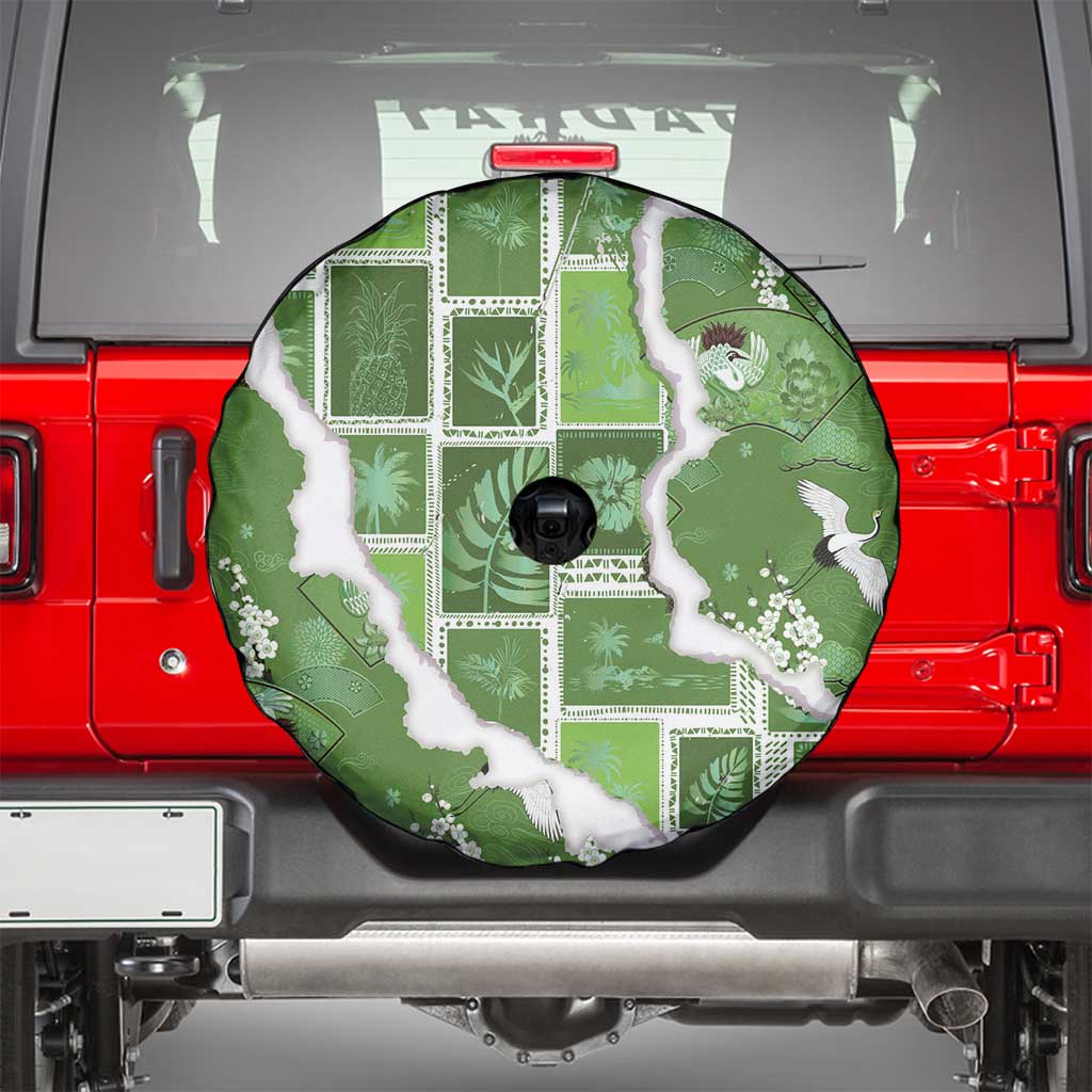Hawaii Japanese Culture Sage Green Spare Tire Cover Spring Cranes Aloha Pattern