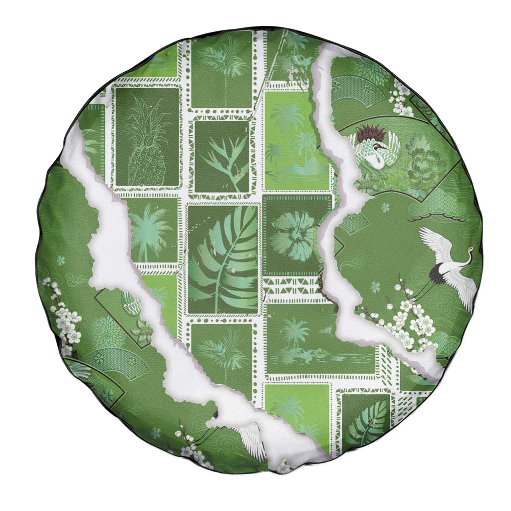 Hawaii Japanese Culture Sage Green Spare Tire Cover Spring Cranes Aloha Pattern