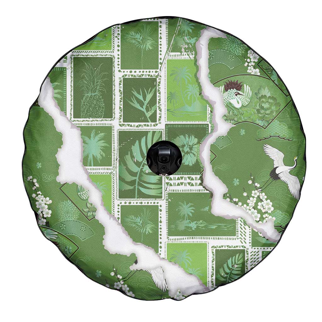 Hawaii Japanese Culture Sage Green Spare Tire Cover Spring Cranes Aloha Pattern