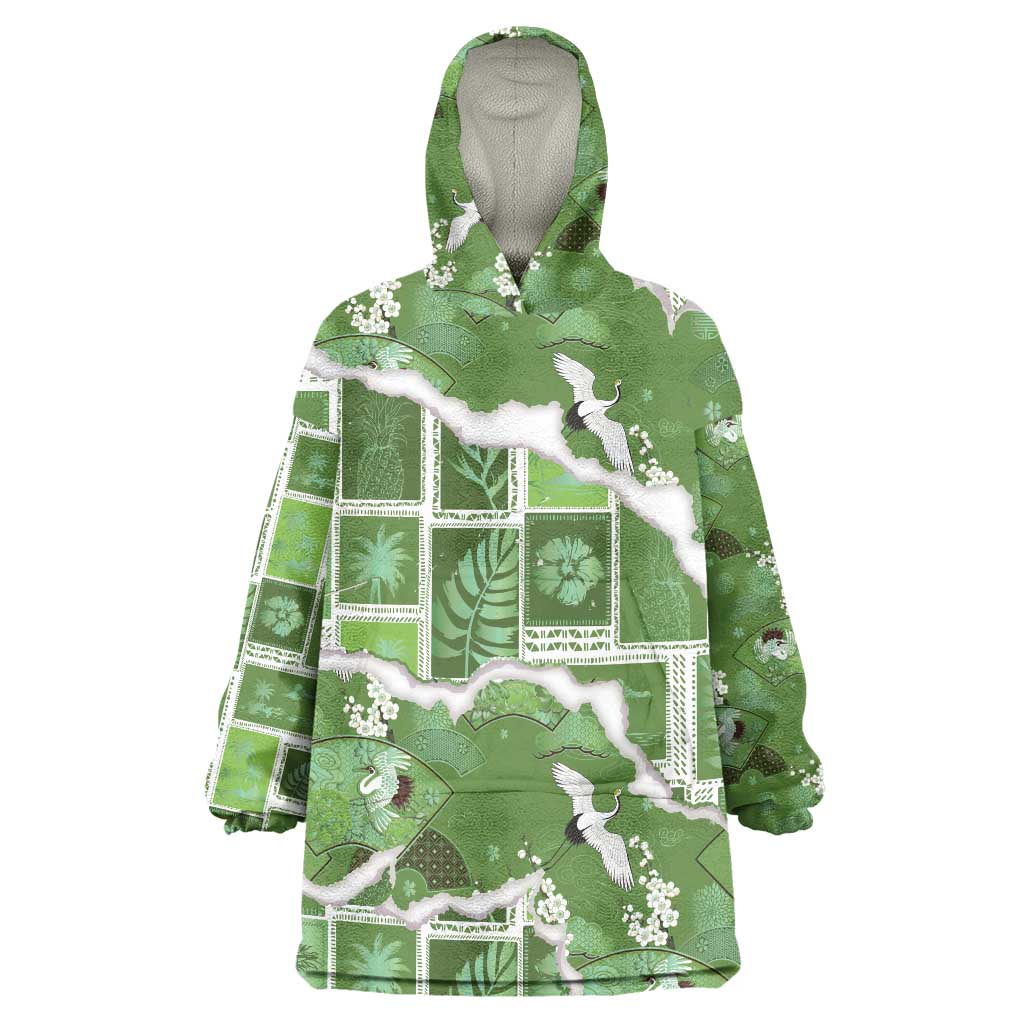 Hawaii Japanese Culture Sage Green Wearable Blanket Hoodie Spring Cranes Aloha Pattern