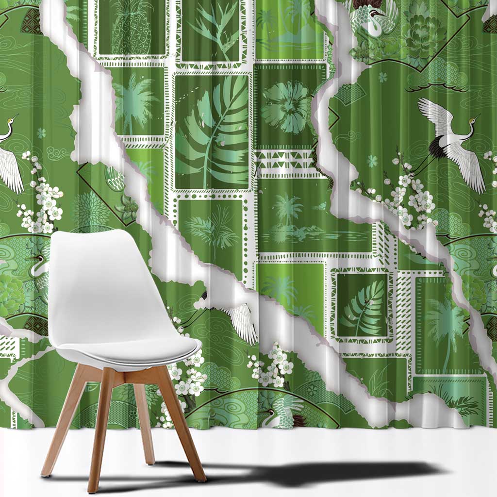 Hawaii Japanese Culture Sage Green Window Curtain Spring Cranes Aloha Pattern
