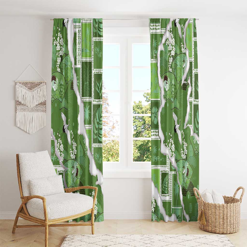 Hawaii Japanese Culture Sage Green Window Curtain Spring Cranes Aloha Pattern