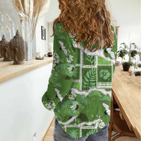 Hawaii Japanese Culture Sage Green Women Casual Shirt Spring Cranes Aloha Pattern