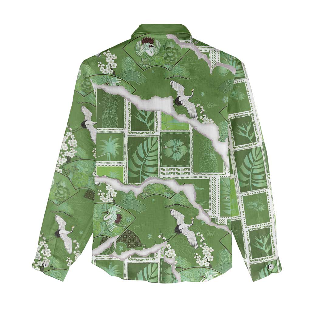 Hawaii Japanese Culture Sage Green Women Casual Shirt Spring Cranes Aloha Pattern