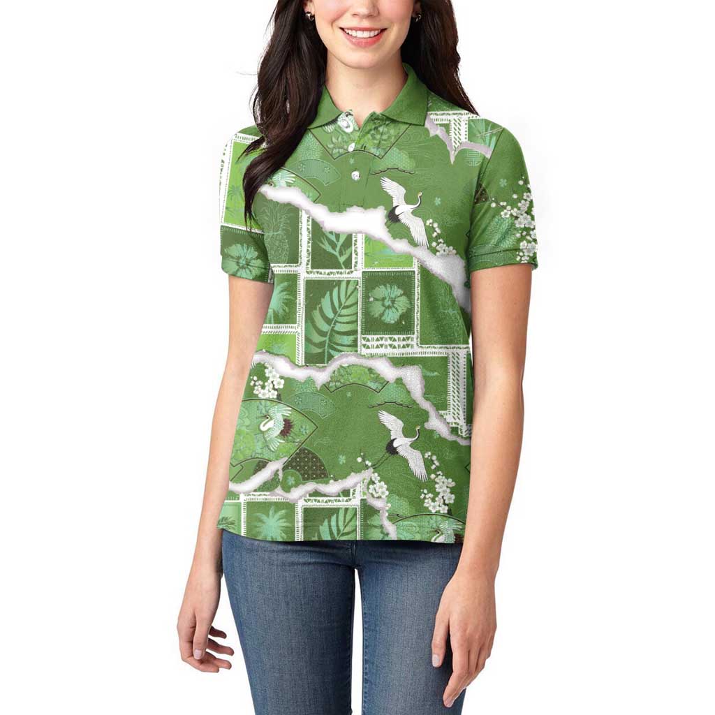 Hawaii Japanese Culture Sage Green Women Polo Shirt Spring Cranes Aloha Pattern