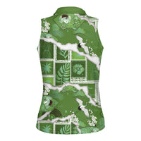 Hawaii Japanese Culture Sage Green Women Sleeveless Polo Shirt Spring Cranes Aloha Pattern