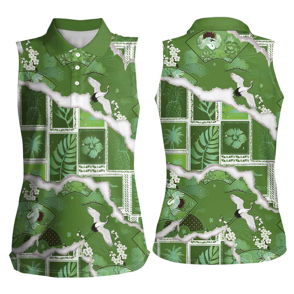 Hawaii Japanese Culture Sage Green Women Sleeveless Polo Shirt Spring Cranes Aloha Pattern