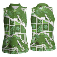 Hawaii Japanese Culture Sage Green Women Sleeveless Polo Shirt Spring Cranes Aloha Pattern