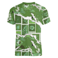 Hawaii Japanese Culture Sage Green Women V-Neck T-Shirt Spring Cranes Aloha Pattern LT01 - Polynesian Pride