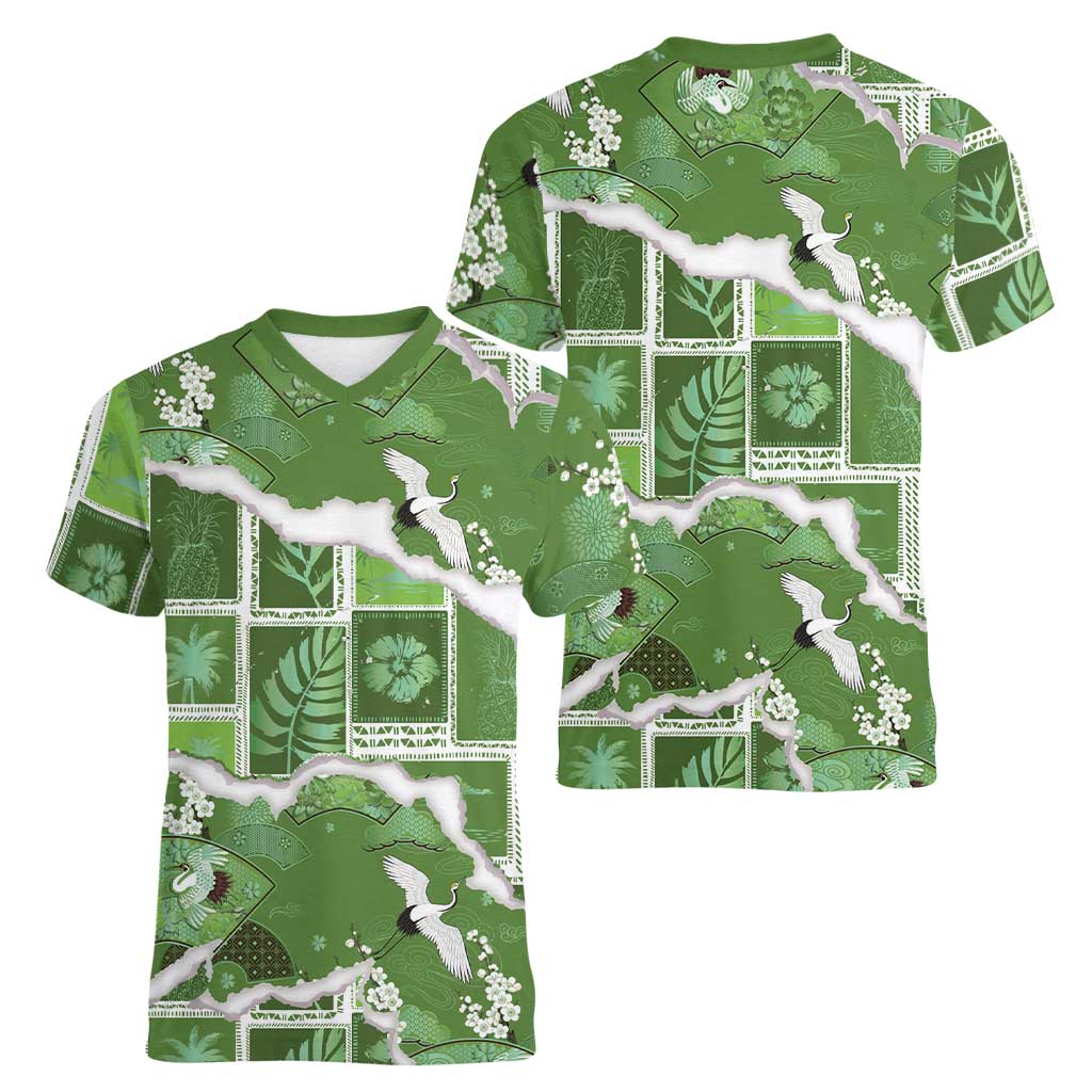 Hawaii Japanese Culture Sage Green Women V-Neck T-Shirt Spring Cranes Aloha Pattern LT01 - Polynesian Pride