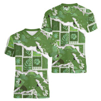 Hawaii Japanese Culture Sage Green Women V-Neck T-Shirt Spring Cranes Aloha Pattern LT01 - Polynesian Pride