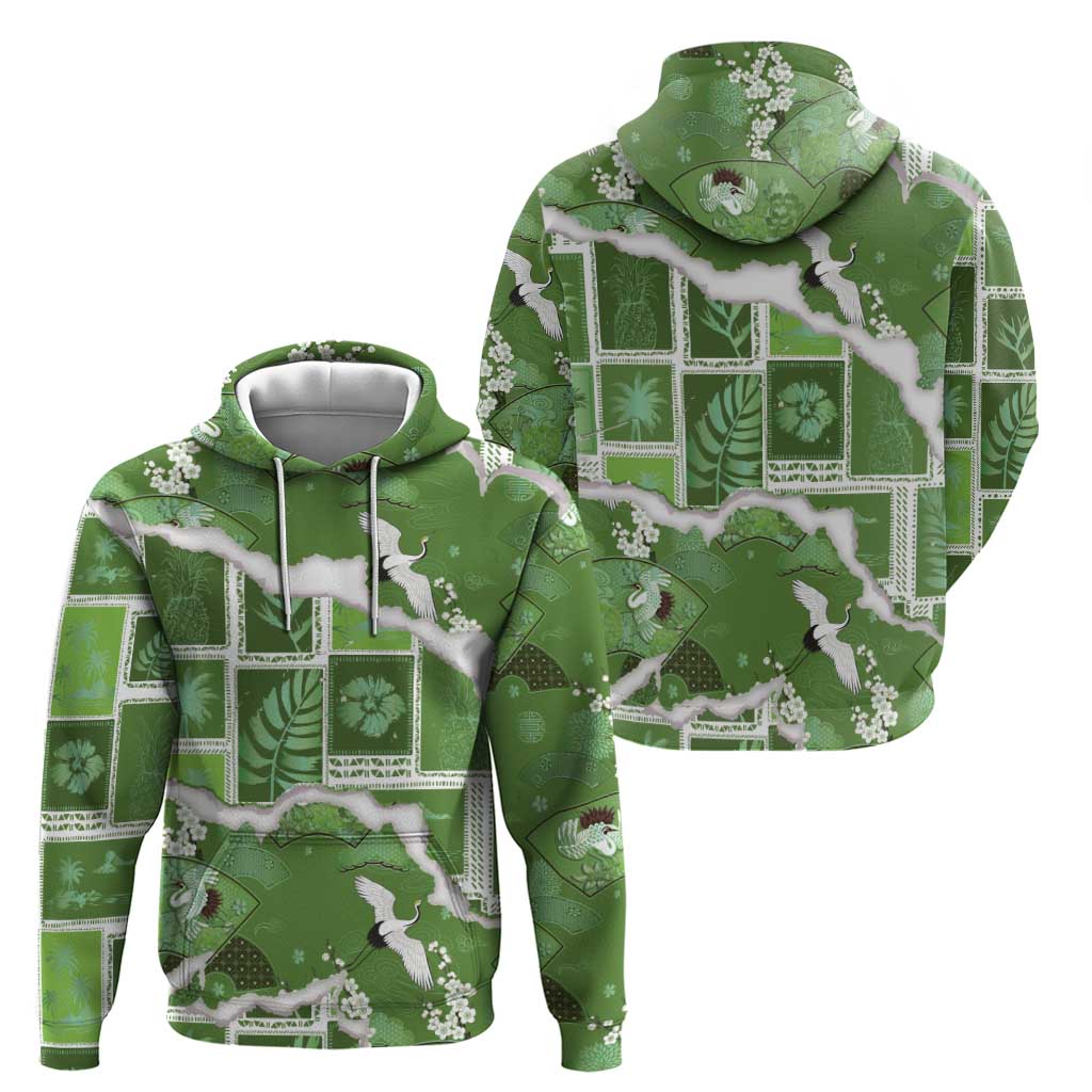 Hawaii Japanese Culture Sage Green Zip Hoodie Spring Cranes Aloha Pattern