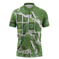 Hawaii Japanese Culture Sage Green Zipper Polo Shirt Spring Cranes Aloha Pattern