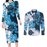 Blue Hibiscus Plumeria Floral Couples Matching Long Sleeve Bodycon Dress and Long Sleeve Button Shirt - Polynesian Pride