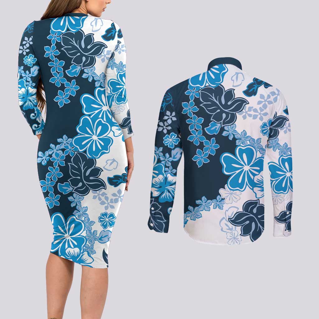 Blue Hibiscus Plumeria Floral Couples Matching Long Sleeve Bodycon Dress and Long Sleeve Button Shirt - Polynesian Pride