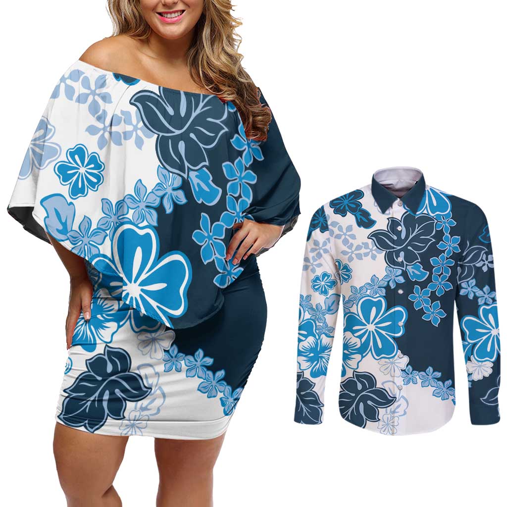 Blue Hibiscus Plumeria Floral Couples Matching Off Shoulder Short Dress and Long Sleeve Button Shirt LT01 Blue - Polynesian Pride