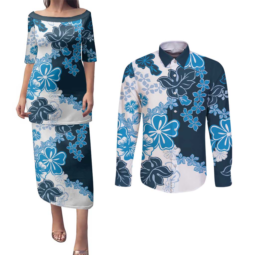 Blue Hibiscus Plumeria Floral Couples Matching Puletasi and Long Sleeve Button Shirt - Polynesian Pride