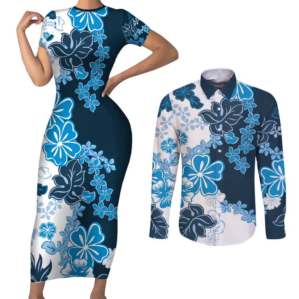 Blue Hibiscus Plumeria Floral Couples Matching Short Sleeve Bodycon Dress and Long Sleeve Button Shirt LT01 Blue - Polynesian Pride
