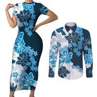 Blue Hibiscus Plumeria Floral Couples Matching Short Sleeve Bodycon Dress and Long Sleeve Button Shirt LT01 Blue - Polynesian Pride