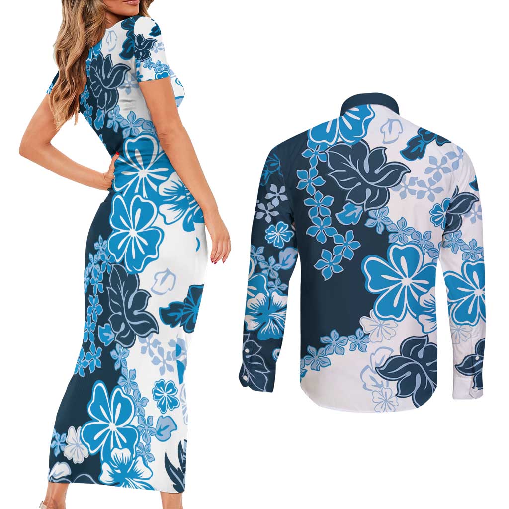 Blue Hibiscus Plumeria Floral Couples Matching Short Sleeve Bodycon Dress and Long Sleeve Button Shirt LT01 - Polynesian Pride