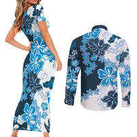 Blue Hibiscus Plumeria Floral Couples Matching Short Sleeve Bodycon Dress and Long Sleeve Button Shirt LT01 - Polynesian Pride