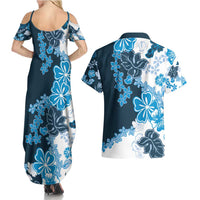 Blue Hibiscus Plumeria Floral Couples Matching Summer Maxi Dress and Hawaiian Shirt - Polynesian Pride