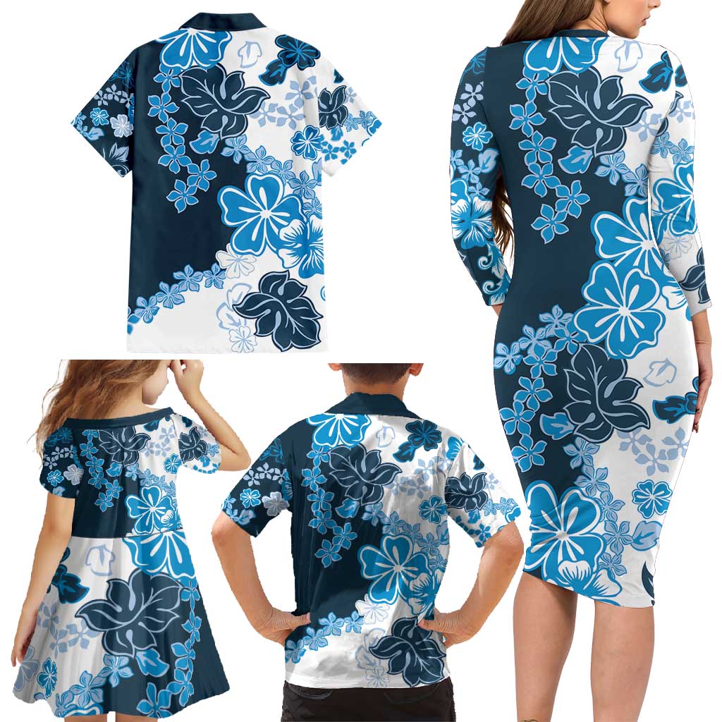 Blue Hibiscus Plumeria Floral Family Matching Long Sleeve Bodycon Dress and Hawaiian Shirt - Polynesian Pride