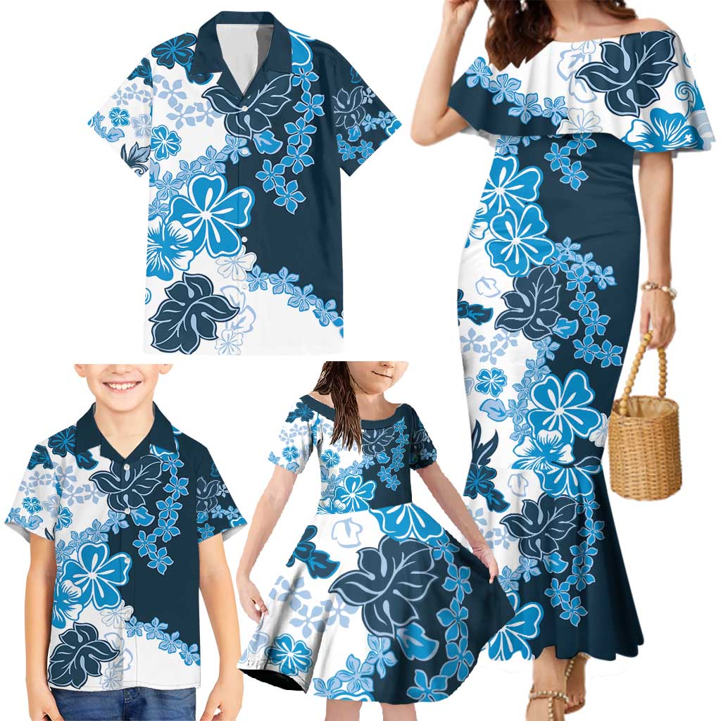 Blue Hibiscus Plumeria Floral Family Matching Mermaid Dress and Hawaiian Shirt - Polynesian Pride