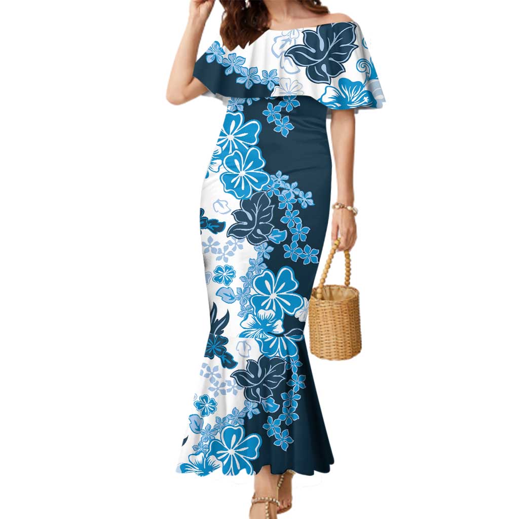Blue Hibiscus Plumeria Floral Family Matching Mermaid Dress and Hawaiian Shirt - Polynesian Pride