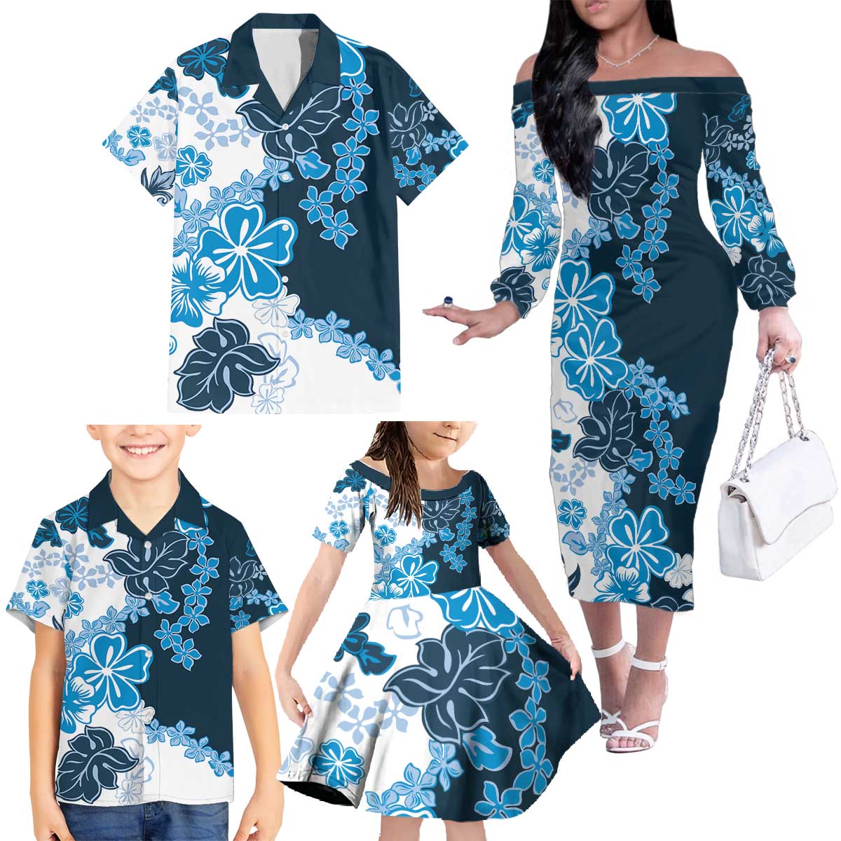 Blue Hibiscus Plumeria Floral Family Matching Off The Shoulder Long Sleeve Dress and Hawaiian Shirt - Polynesian Pride