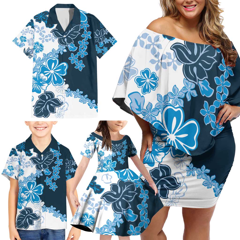 Blue Hibiscus Plumeria Floral Family Matching Off Shoulder Short Dress and Hawaiian Shirt - Polynesian Pride