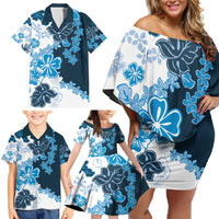 Blue Hibiscus Plumeria Floral Family Matching Off Shoulder Short Dress and Hawaiian Shirt - Polynesian Pride