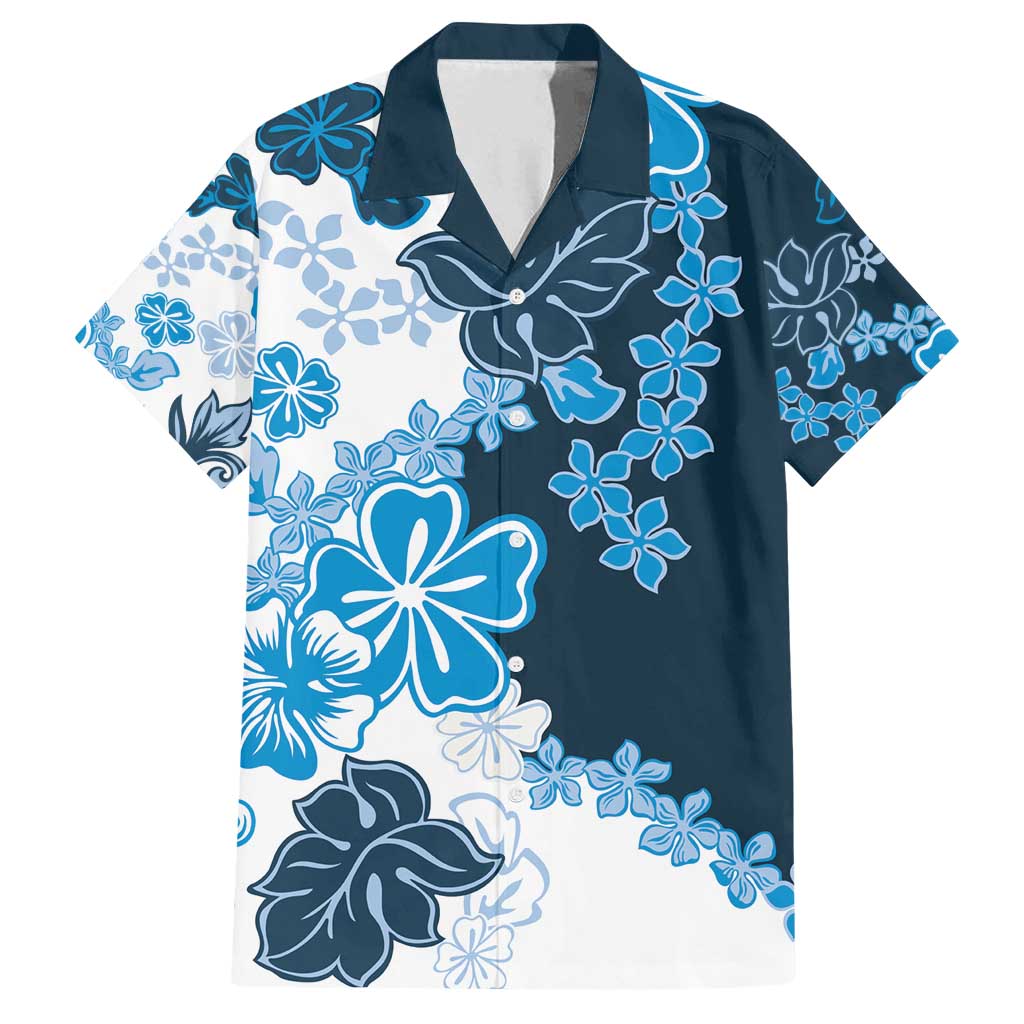 Blue Hibiscus Plumeria Floral Family Matching Off Shoulder Short Dress and Hawaiian Shirt - Polynesian Pride