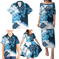 Blue Hibiscus Plumeria Floral Family Matching Puletasi and Hawaiian Shirt - Polynesian Pride