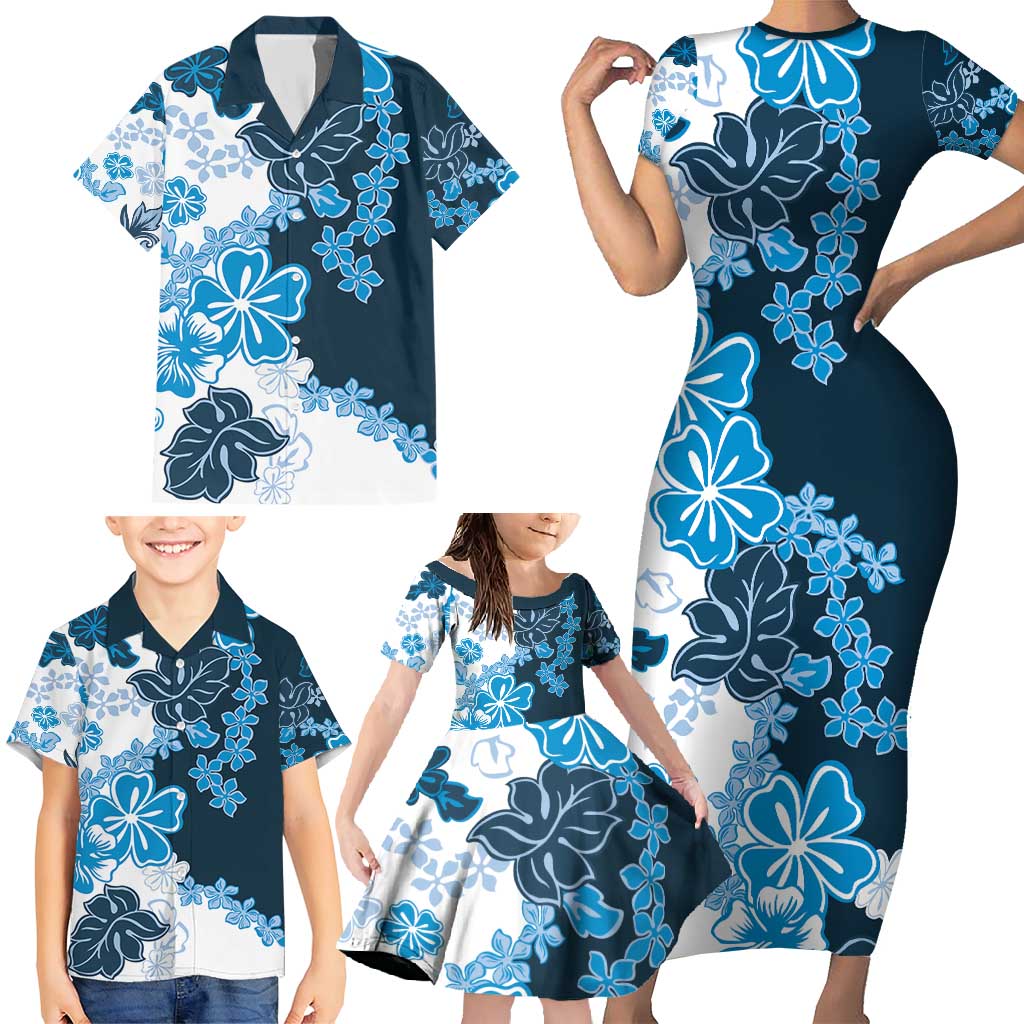 Blue Hibiscus Plumeria Floral Family Matching Short Sleeve Bodycon Dress and Hawaiian Shirt - Polynesian Pride