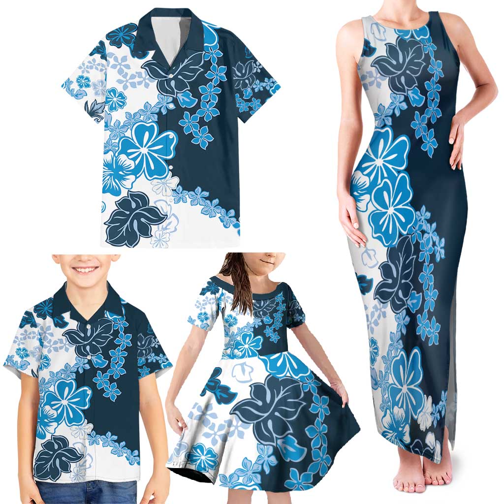 Blue Hibiscus Plumeria Floral Family Matching Tank Maxi Dress and Hawaiian Shirt - Polynesian Pride