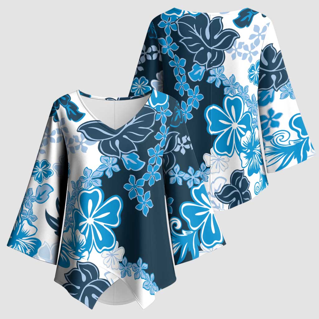 Blue Hibiscus Plumeria Floral Kimono Sleeve Blouse - Polynesian Pride