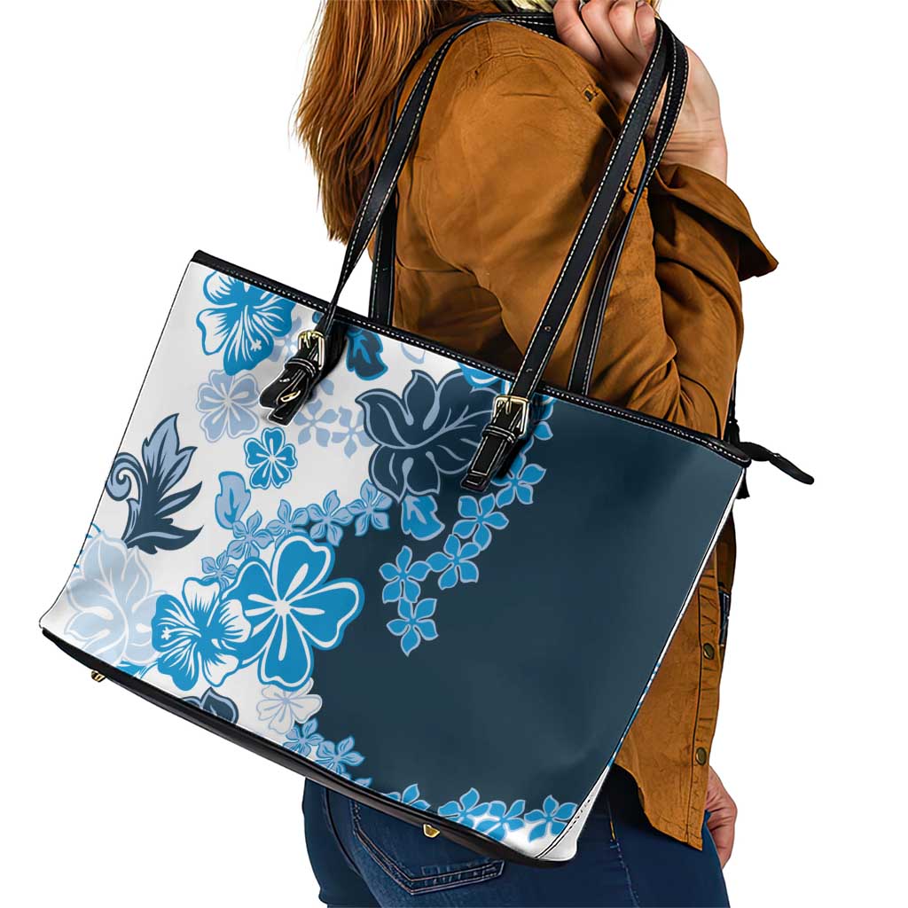 Blue Hibiscus Plumeria Floral Leather Tote Bag - Polynesian Pride