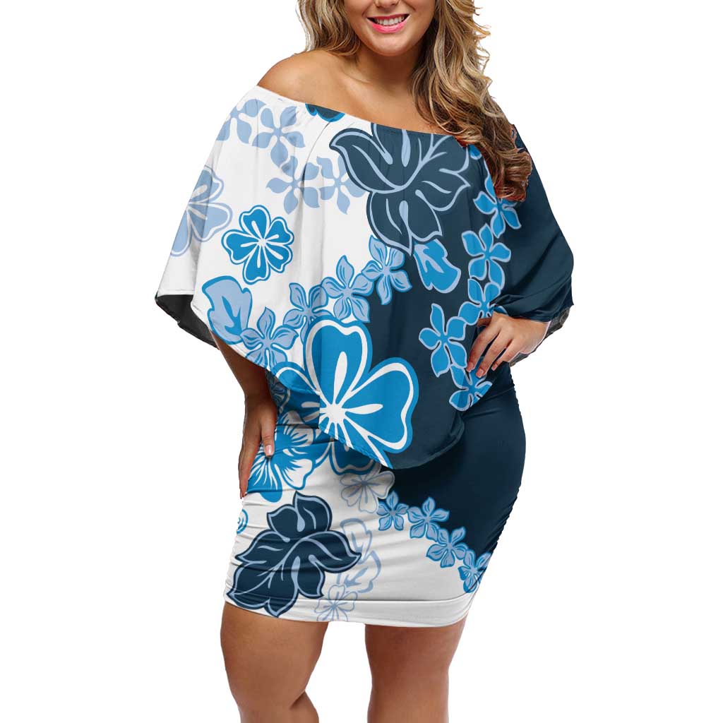 Blue Hibiscus Plumeria Floral Off Shoulder Short Dress - Polynesian Pride