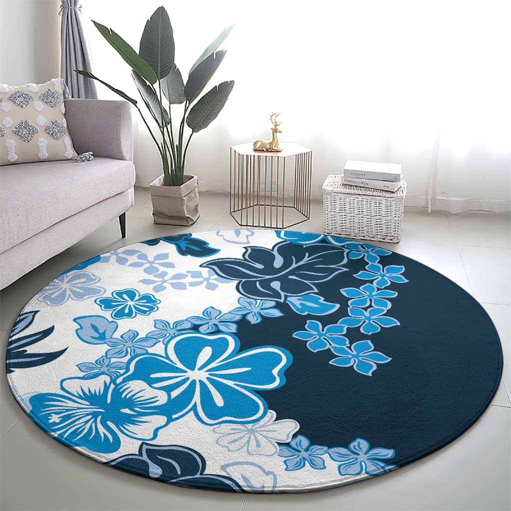 Blue Hibiscus Plumeria Floral Round Carpet - Polynesian Pride