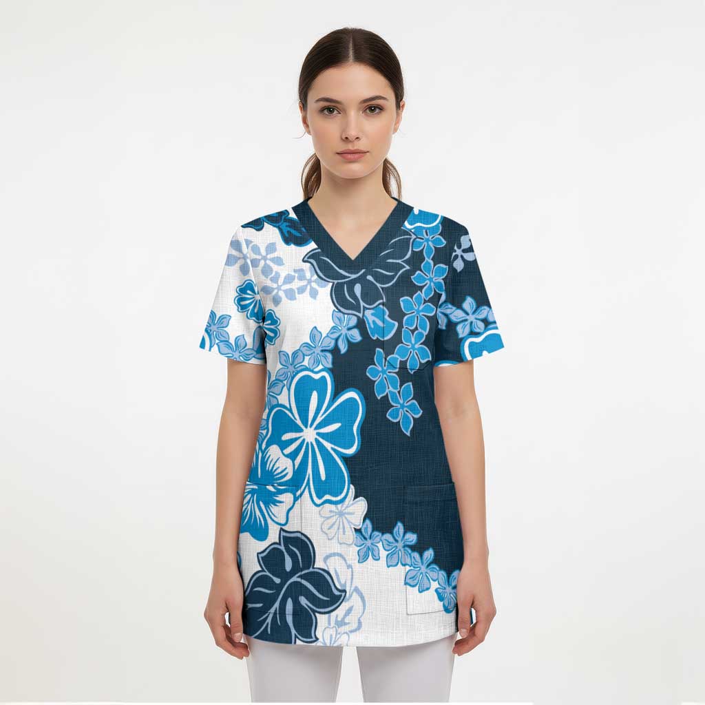 Blue Hibiscus Plumeria Floral Scrub Top - Polynesian Pride