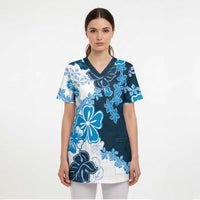 Blue Hibiscus Plumeria Floral Scrub Top - Polynesian Pride