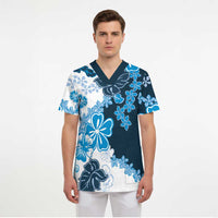 Blue Hibiscus Plumeria Floral Scrub Top - Polynesian Pride