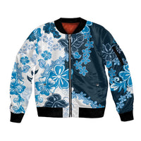 Blue Hibiscus Plumeria Floral Sleeve Zip Bomber Jacket - Polynesian Pride