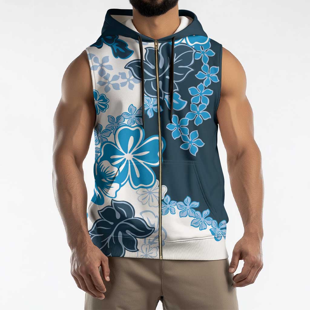 Blue Hibiscus Plumeria Floral Sleeveless Zip Hoodie - Polynesian Pride