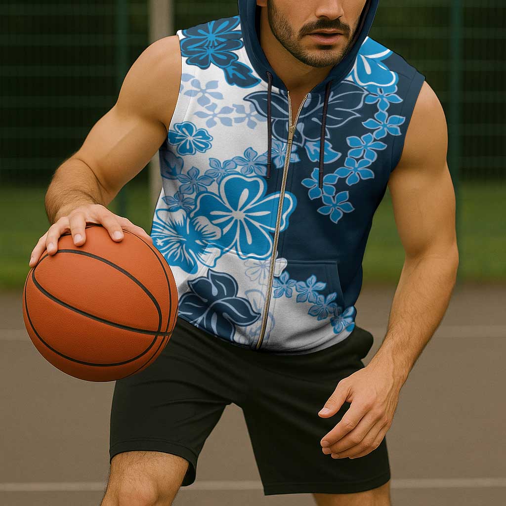 Blue Hibiscus Plumeria Floral Sleeveless Zip Hoodie - Polynesian Pride